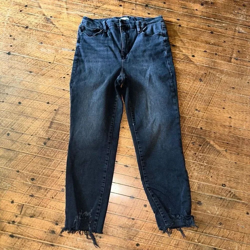 Good American washed black high rise ankle raw hem jeans